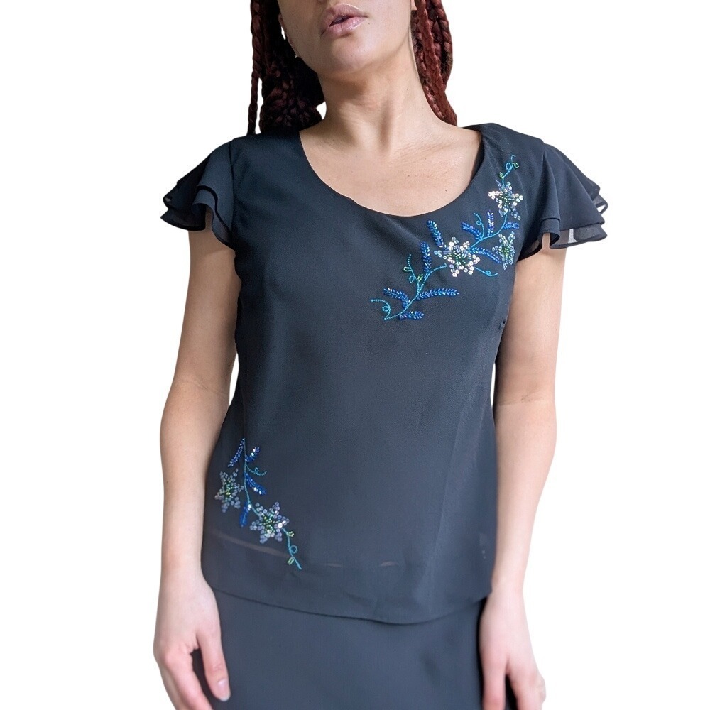 Vintage Y2K 90s Witchy Whimsy Sequins Chiffon Flutter Sleeve Blouse
